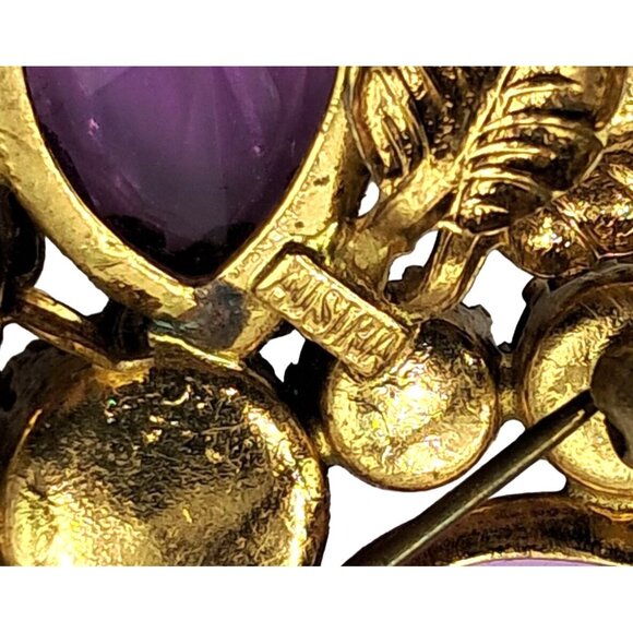 Austria Rhinestone Brooch Pink Purple Gold Tone Leaves Pin Vintage Costume Jewel - Picture 6 of 11